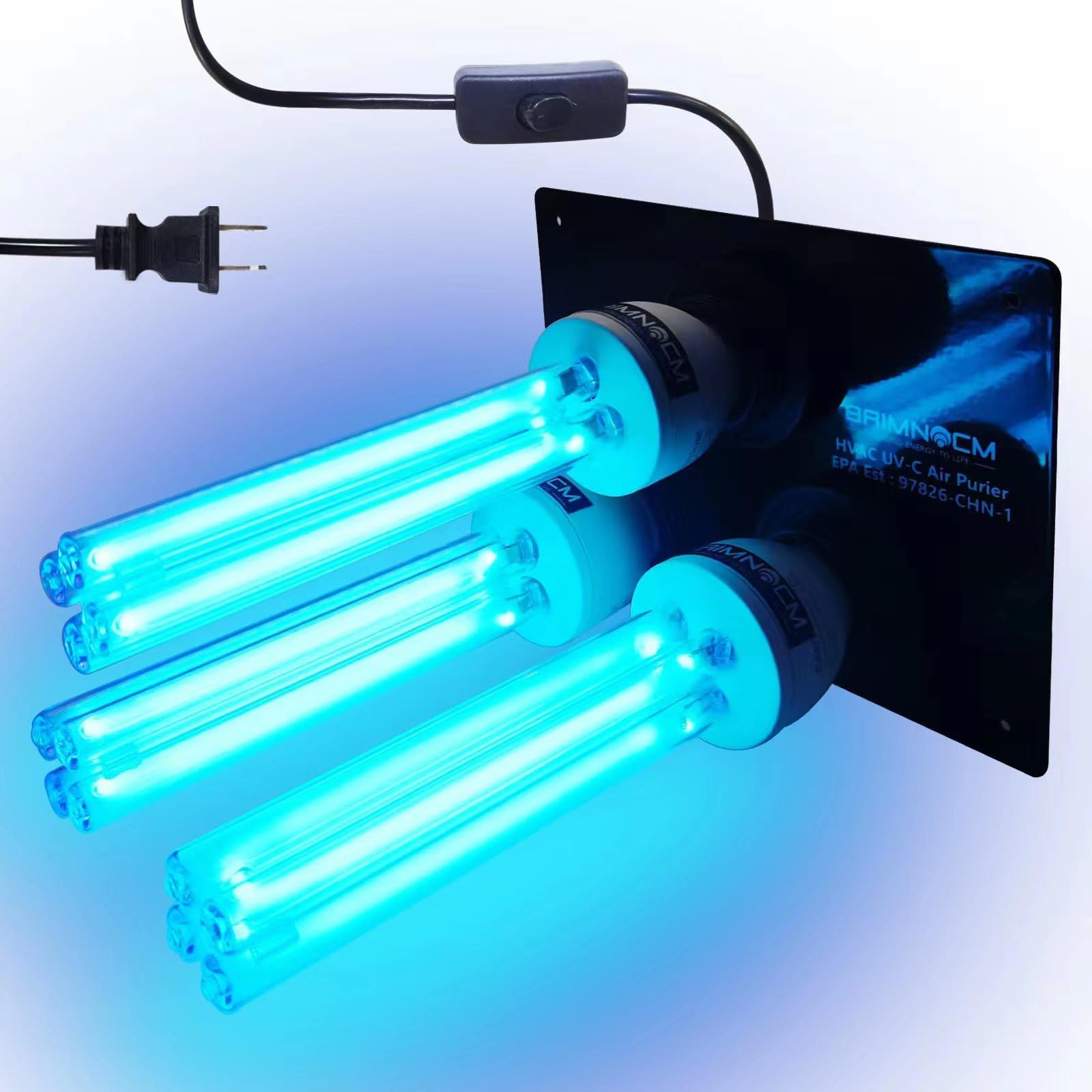A blue light is on in the middle of three tubes.