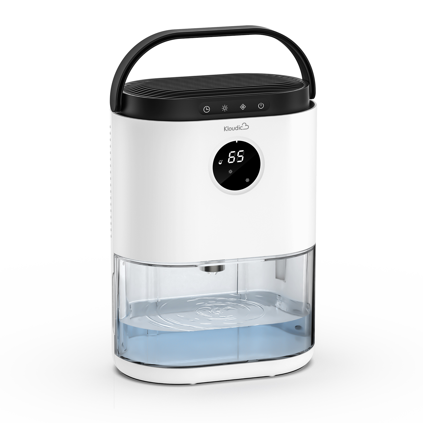 A white and black humidifier with a blue water tank.