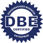 A blue and white logo for disadvantaged business enterprise.