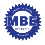 A blue and white seal that says mbe certified
