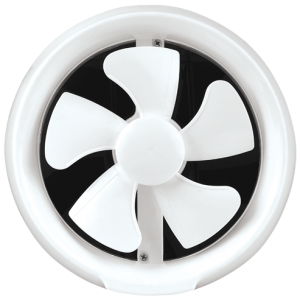 A white fan with five blades on the front of it.