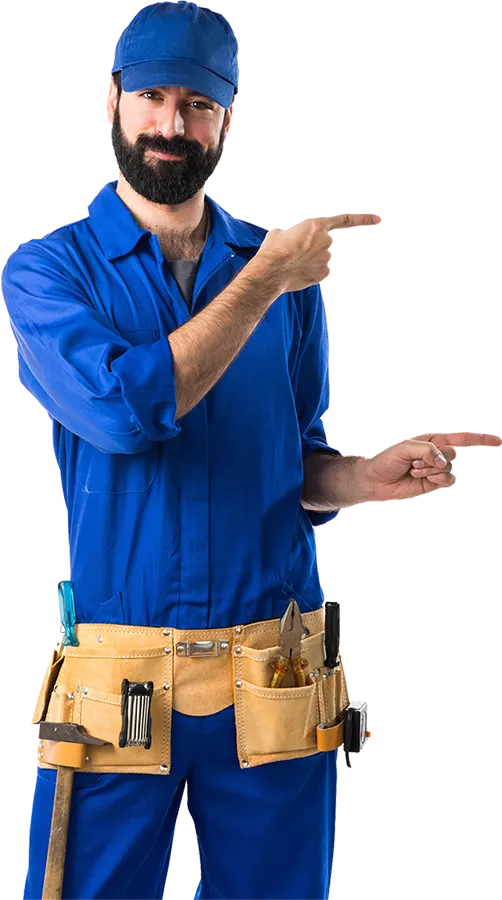 A man in blue shirt and tool belt pointing to his left.