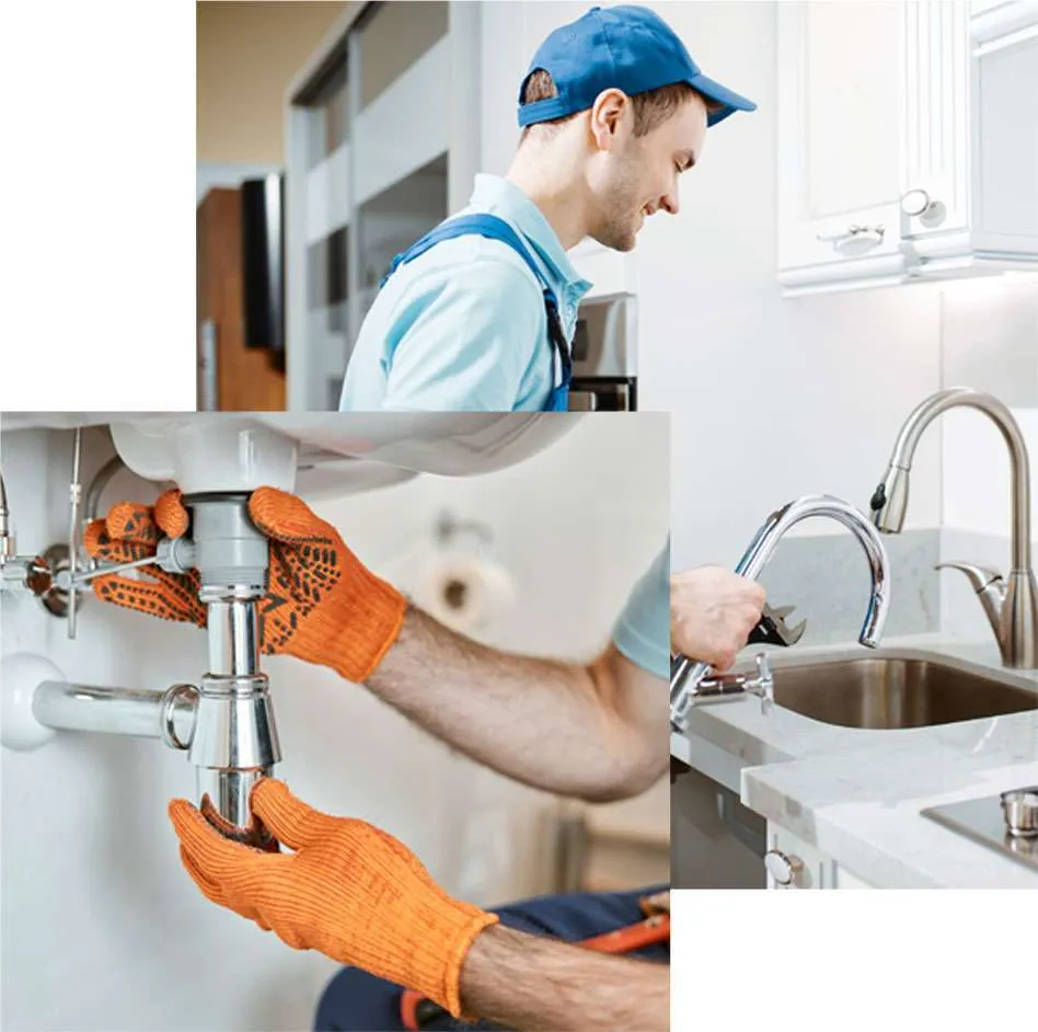 A man in blue shirt and orange gloves holding pipe.